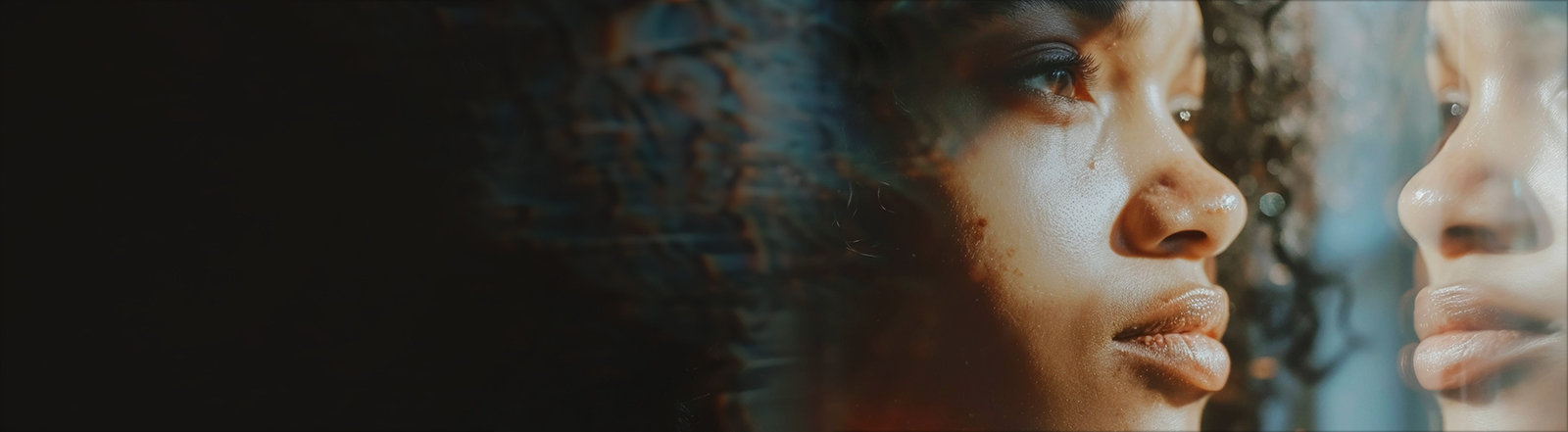 Eine junge schwarze Frau guckt nachdenklich aus dem Fenster, in dem sich ihr Gesicht spiegelt.