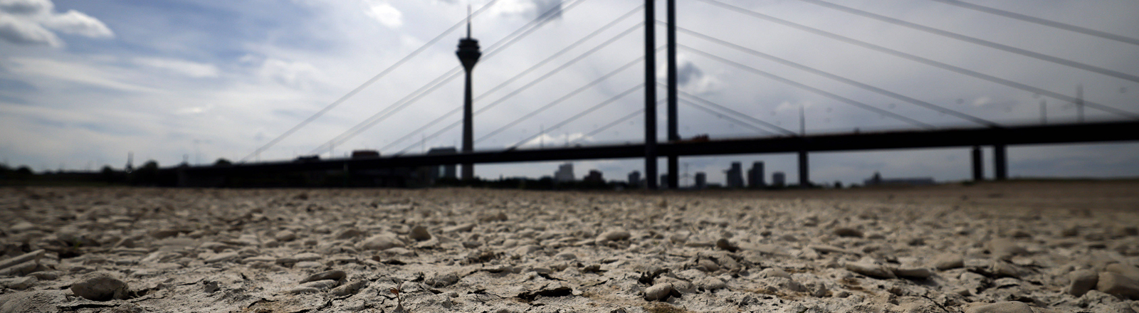 21.05.2025: Der Rhein bei Düsseldorf bei Niedrigwasser. Aufgrund der anhaltenden Trockenheit liegt das Flussbett an vielen Stellen trocken.