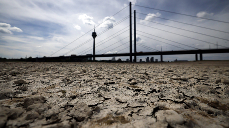 21.05.2025: Der Rhein bei Düsseldorf bei Niedrigwasser. Aufgrund der anhaltenden Trockenheit liegt das Flussbett an vielen Stellen trocken.