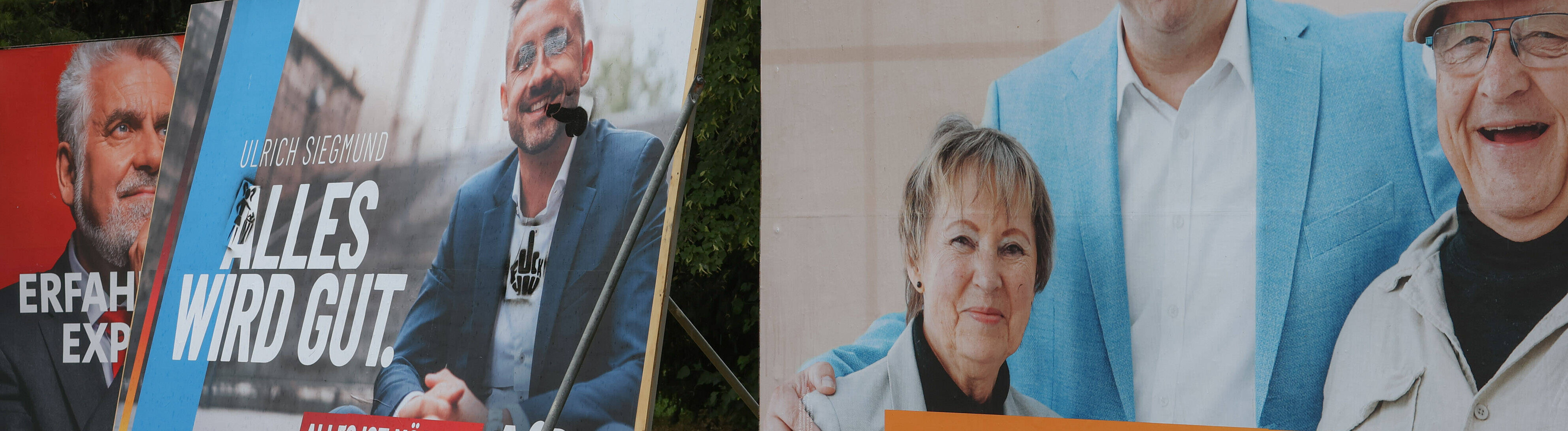Wahlplakate von Armin Willingmann (SPD), Ulrich Siegmund (Alternative für Deutschland, AfD) und Ministerpräsident Sven Schulze (CDU) für die Landtagswahl in Sachsen-Anhalt im September 2026, fotografiert im Juli 2026 in Magdeburg