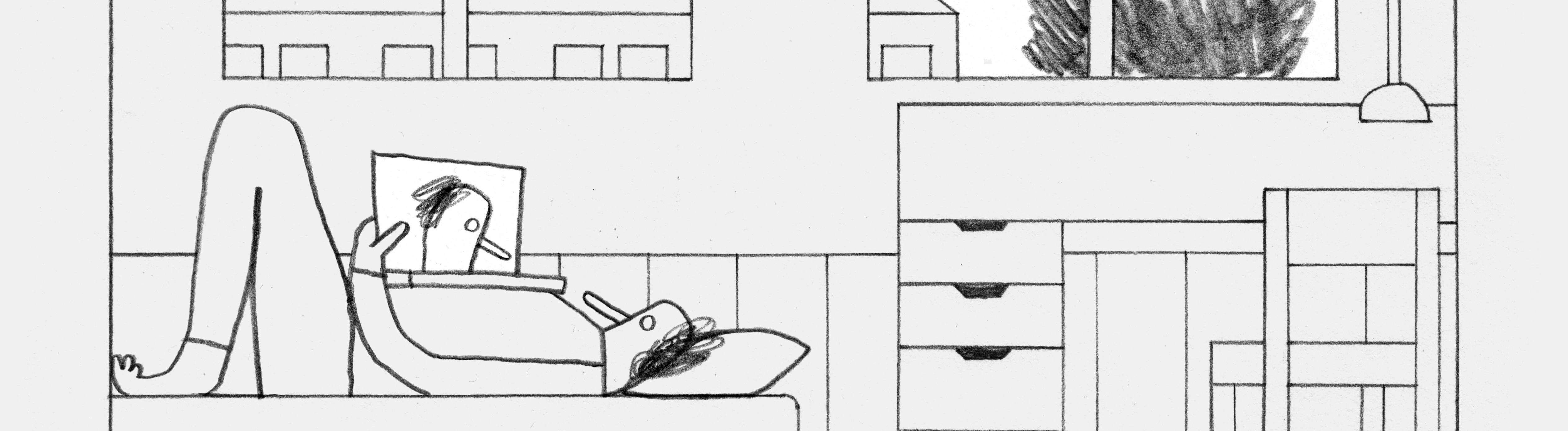 Eine Zeichnung von Paula Kempker: Eine Person liegt in einem Zimmer auf dem Bett und schaut auf den Bildschirm eines Laptops.