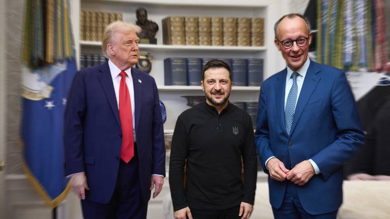 FOTOMONTAGE von dpa: Donald Trump, Wolodymyr Selenskyj und Friedrich Merz (von links nach rechts)