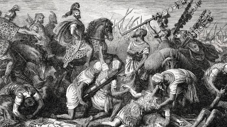 Hannibals Soldaten sammeln Goldringe von den römischen Leichen nach der Schlacht von Cannae, Zweiter Punischer Krieg.