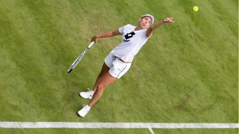 Belgian Elise Mertens pictured during a training session ahead of the 2022 Wimbledon grand slam tennis tournament at the All England Tennis Club, in south-west London, Britain, Saturday 25 June 2022.
