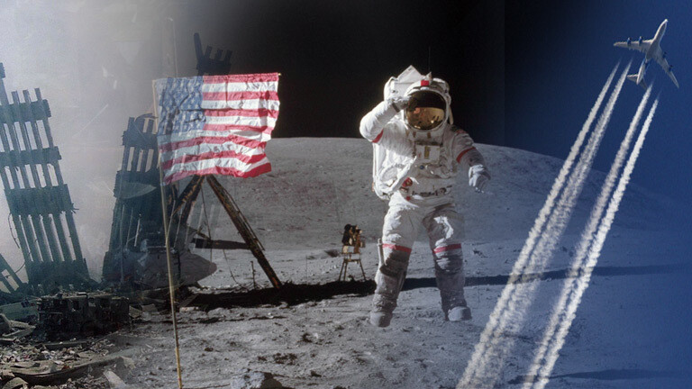 Symbolbild: Collage zu gängigen Verschwörungstheorien zur ersten Mondlandung, Einsturz des WTC in New York und Chemtrails, die angeblich von Flugzeugen erzeugt werden.