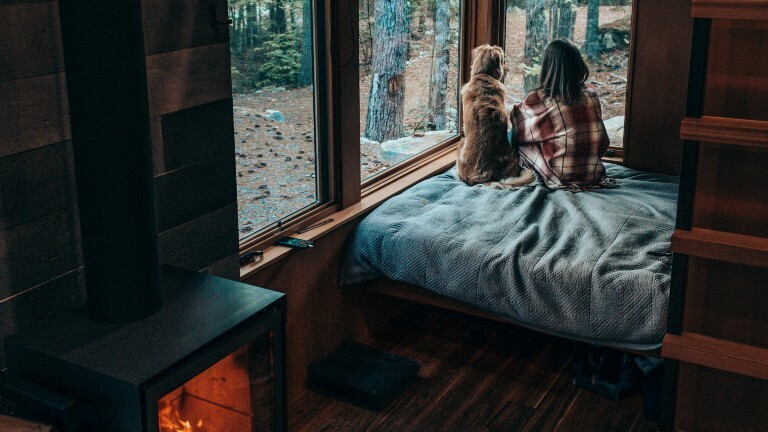 Eine Frau sitzt mit einem Hund auf einem Bett und schaut nach draußen.