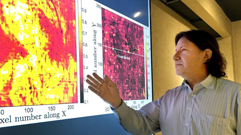 David Citrin vom Georgia Institute of Technology in Atlanta steht neben Bildern, die mit Hilfe von sogenannter Terahertz-Spektroskopie produziert wurden.