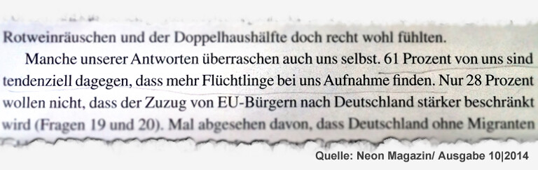 Zeitungsaussschnitt: 61 Prozent von uns sind tendenziell dagegen, dass mehr Flüchtlinge bei uns Aufnahme finden.