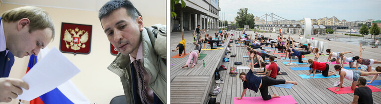 Yogalehrer Dmitry Ugai vor Gericht in Sankt Petersburg / Öffentliches Yoga im Muzeon Arts Park in Moskau