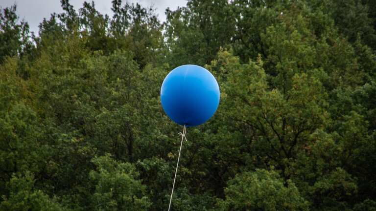 Ein blauer Luftballon vor Bäumen