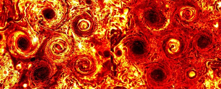 Infrarot-Aufnahmen von der US-Raumsonde Juno zeigen links fünf und rechts sechs Wirbelstürme am Südpol des Jupiter