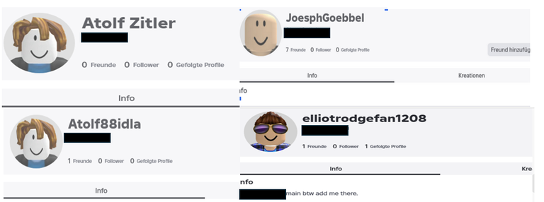 Ein Screenshot zeigt Profile von Gamern auf Roblox; die Profilnamen sind selbst gewählt. Die Namen haben Referenzen zur Houthi- und Hamas-Miliz.