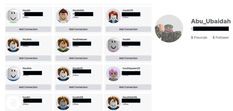 Ein Screenshot zeigt Profile von Gamern auf Roblox; die Profilnamen sind selbst gewählt. Die Namen haben Referenzen zur Houthi- und Hamas-Miliz.