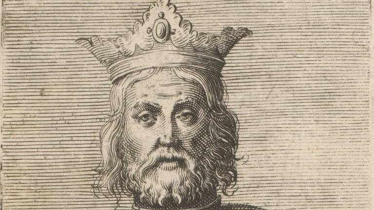 Schwarz-Weiß-Kupferstich von Bolesław I. von Polen im Halbporträt. Er trägt eine verzierte Königskrone, langes Haar und einen dichten Bart. Auf seiner Rüstung ist ein kleines Wappenschild mit dem polnischen Adler zu sehen. Am unteren Rand steht die lateinische Inschrift BOLESLAVS I. REX cognomento Chrabri.