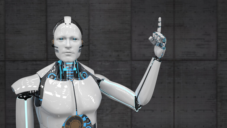 Ein Roboter, der den Zeigefinger hebt.