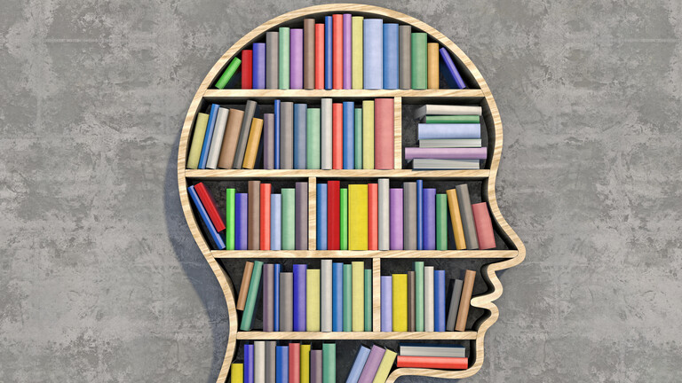 Regal in Kopfform mit bunten Büchern bestückt.
