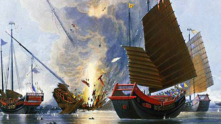 Gemälde, auf dem die Schlacht von Chuenpi im Jahr 1839 zwischen britischen und chinesischen Streitkräften während des Ersten Opiumkriegs abgebildet ist..