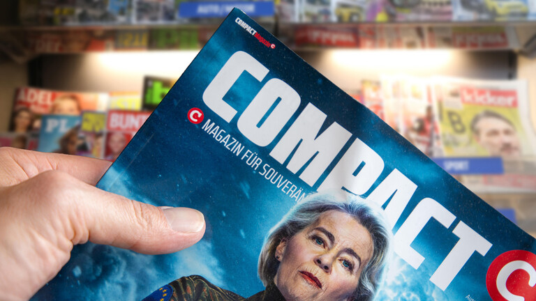 (Fotomontage) Nahaufnahme vom Compact-Magazin mit Ursula von der Leyen in Militäruniform auf dem Cover