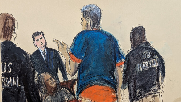 Gerichtszeichnung des venezolanischen Präsidenten Nicolás Maduro (Mitte), wie er auf einen Zuschauer nach seiner Anklageverlesung am Montag, dem 5. Januar 2026, vor dem Bundesgericht in Manhattan, New York, reagiert