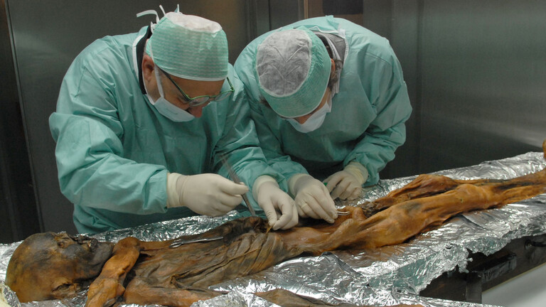 Zwei Wissenschaftler arbeiten an der Mumie von Ötzi (Bozen, Italien, 20.11.2003)