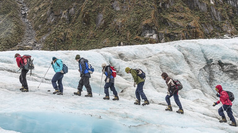 Gruppe von Wanderern auf dem Gletscher, Fox Glacier, Westland National Park, Südinsel, Neuseeland, Ozeanien