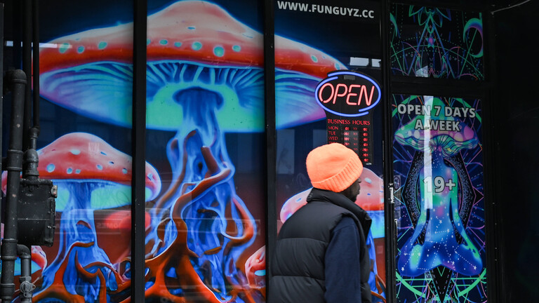 Ein Mann geht am 8. März 2025 in der Innenstadt von Ottawa, Ontario, Kanada, an "FunGuyz" vorbei, einem kanadischen Anbieter von Magic Mushrooms.