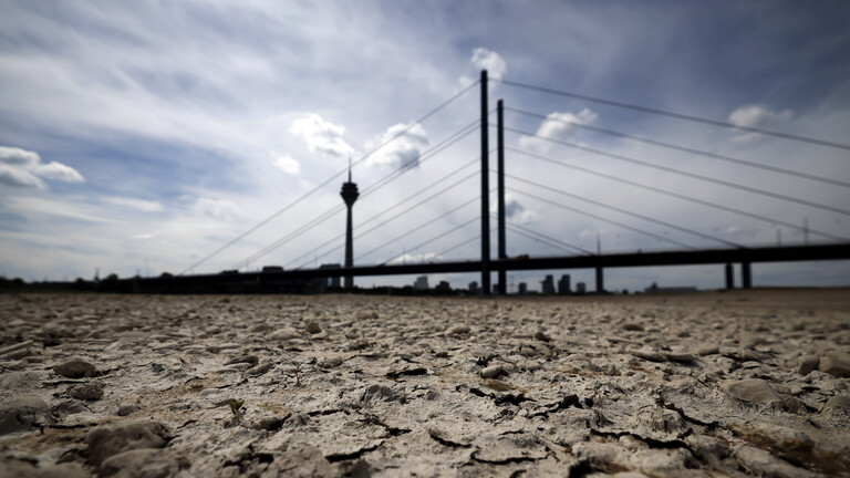 Der Rhein bei Düsseldorf. Aufgrund von Trockenheit liegt das Flussbett an vielen Stellen trocken.