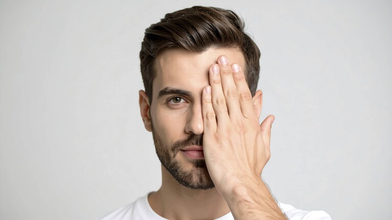 Achtung KI generiert: Mann mit kurzem Bart bedeckt ein Auge mit der Hand vor neutralem Hintergrund, Auf einem Auge blind.
