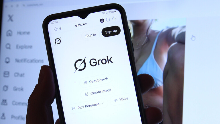 Im Vordergrund die App Grok - im Hintergrund das Bild einer Frau im Bikini