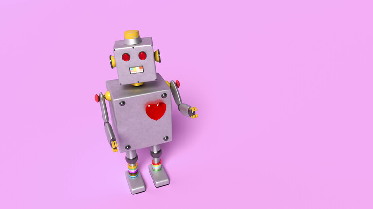3-D-Rendering von einem kleinen Roboter mit Herz.