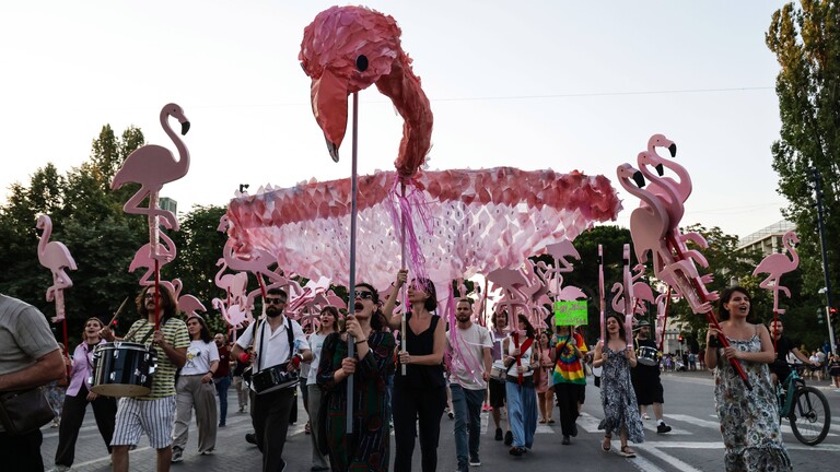 Demonstrierende in Albanien bei den "Flamingo-Proteste", die sich gegen den Bau eines Luxusresorts richten