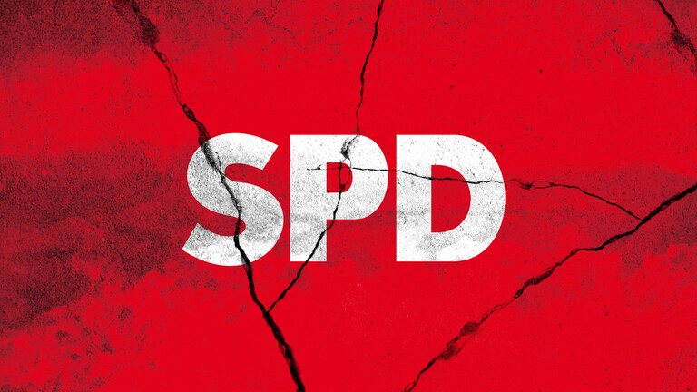 SPD steht in weißen Großbuchstaben auf einem roten Hintergrund, der Sprünge aufweist