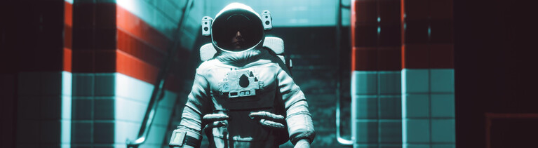 Ein Astronaut in einer dunklen U-Bahn-Station.