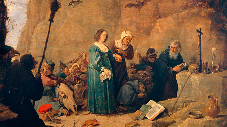 Das Ölgemälde "Die Versuchung des Heiligen Antonius in der Felsengrotte" aus dem 17. Jahrhundert zeigt den Mönch Antonius in einer Höhle, hinter ihm stehen Menschen und Phantasiegestalten, die ihn scheinbar bedrängen.