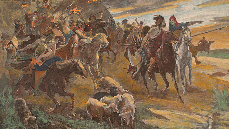 Nachträglich colorierter Holzstich aus dem Jahr etwa 1890. Zeigt einen Überfall der Hunnen, Reiter auf Pferden. Im Hintergrund brennt eine Stadt.