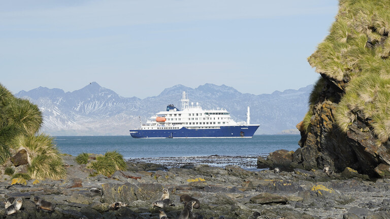 Ein blau-weißes Schiff treibt vor einer bergigen Landschaft auf dem Meer.