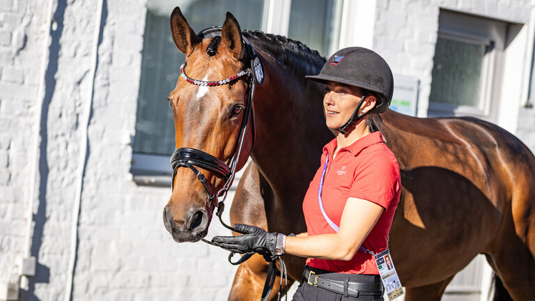 Die die aktuelle Weltranglisten-Erste im Dressurreiten Cathrine Laudrup-Dufour mit Pferd Mount John Freestyle im August 2026 in Aachen