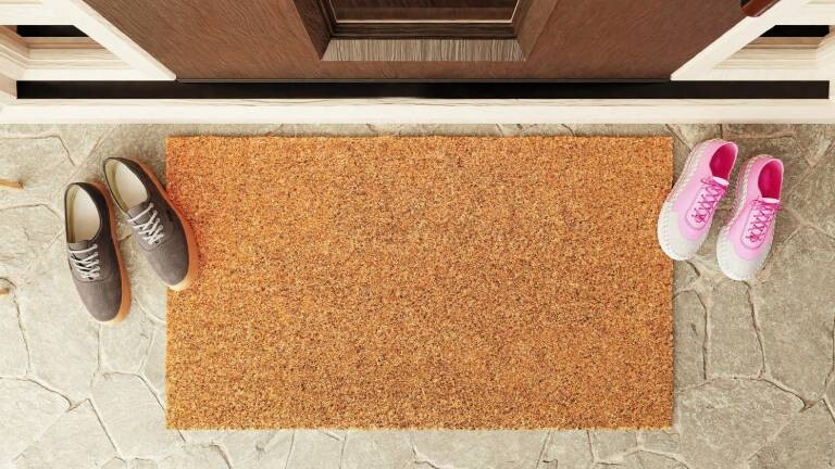 Schuhe stehen auf dem Rand einer Fußmatte