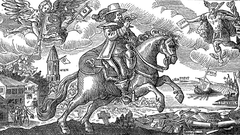 Illustration eines friedensbringenden Postreiters, Dreissigjaehriger Krieg 1618-1648, der Postreiter trompetet die Freude ueber den Westfaelischen Frieden, vom 24. Oktober 1648, in die Welt