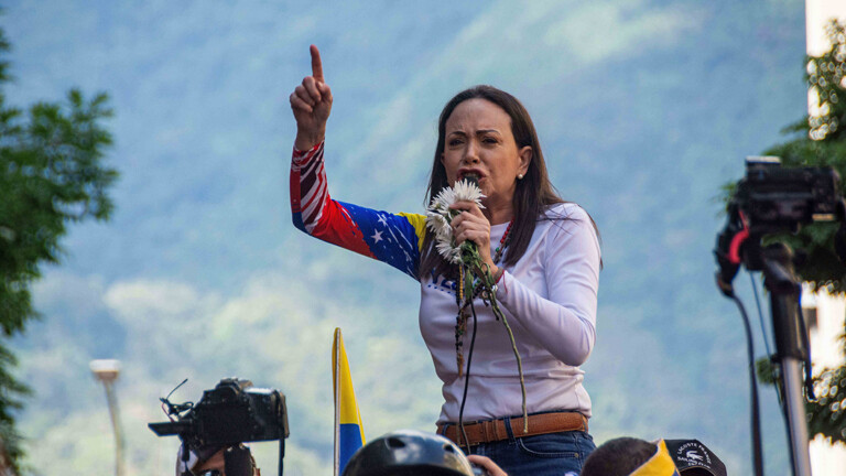 Januar 2025, Caracas, Miranda, Venezuela: Die Oppositionsführerin María Corina Machado tritt bei einer von ihr einberufenen Kundgebung der Opposition in den Straßen von Caracas auf