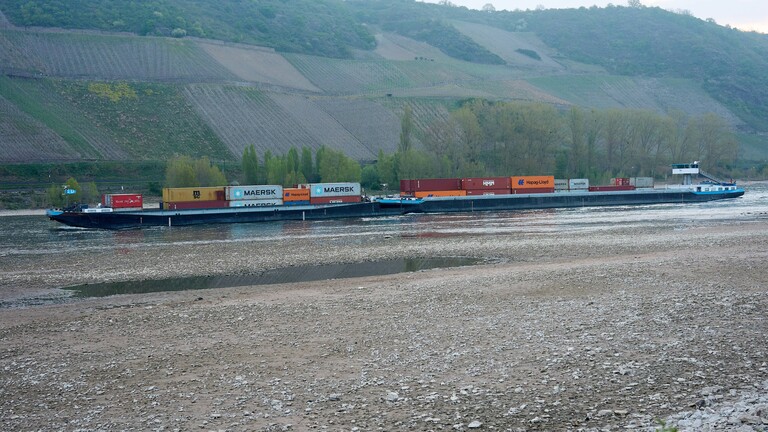 Ein Frachtschiff passiert den Rhein bei Osterspai. Der Wasserstand ist extrem niedrig und Sandbänke liegen frei. Das Schiff kann nur in einer schmalen Fahrrinne fahren.