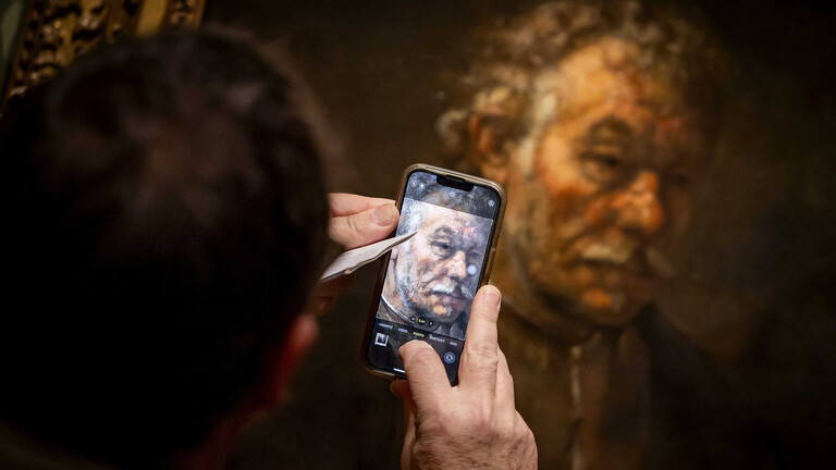 Ein Mann fotografiert mit dem Smartphone das Gemälde eines alten Mannes bei einer Präsentation des Mauritshuis in Den Haag zu echten und falschen Rembrandt-Bildern im Juli 2025.
