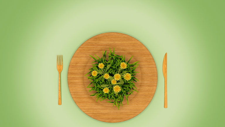 Ein Teller mit Salat und Blumen, daneben Messer und Gabel.