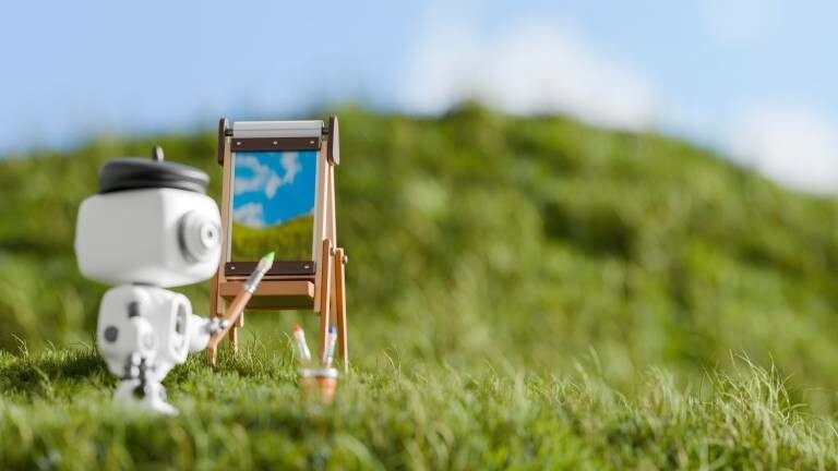 Ein Roboter malt auf einer Leinwand eine Landschaft