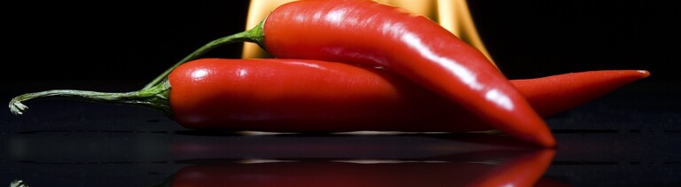 Zwei Peperonios vor Flammen im Hintergrund