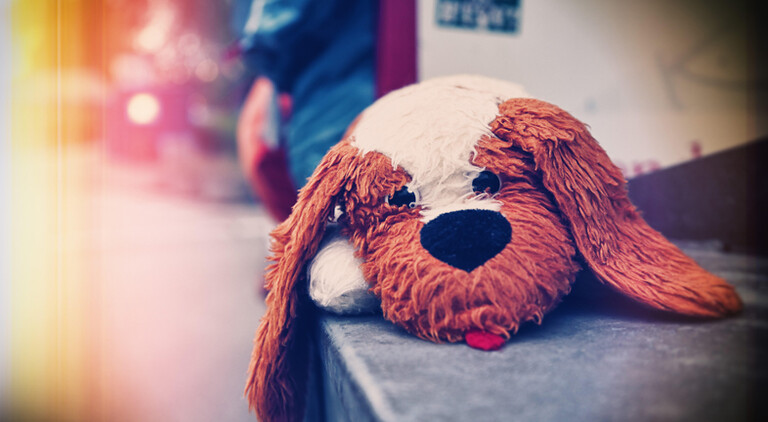 Stofftier auf einem Altkleider-Container in Scharbeutz, Schleswig-Holstein, Deutschland