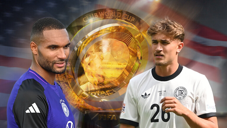 Fußballspieler in einer Fotomontage ein Pokal im Hintergrund