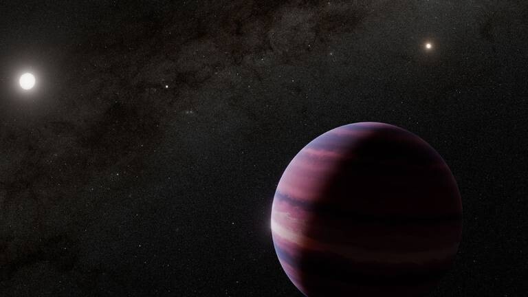 Proxima Centauri ist ein Stern außerhalb unseres Sonnensystems, der von drei Planeten umkreist wird. Die grafische Darstellung zeigt einen kleinen, hellen, leuchtenden Stern, der einen violetten Planeten anstrahlt.