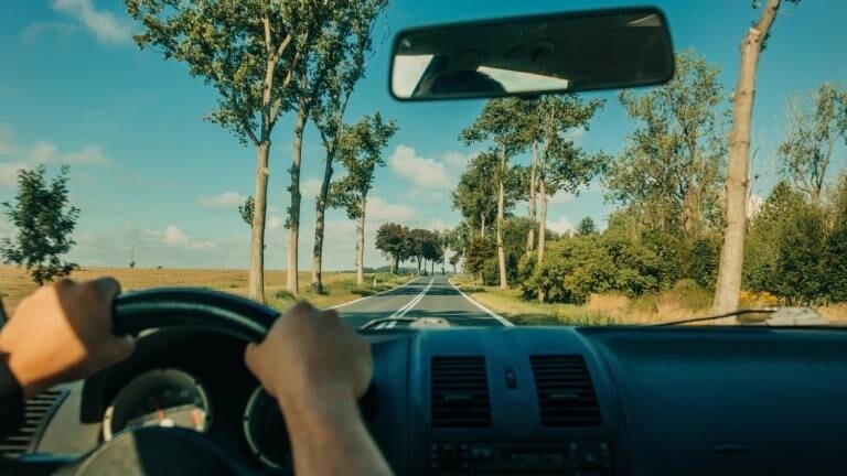 Ein Person sitzt am Steuer eines Autos und fährt eine Landstraße entlang