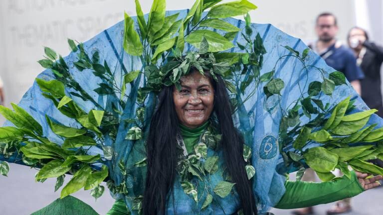 Eine indigene Teilnehmerin bei der Weltklimakonferenz COP30 trägt ein Kostüm, das den Regenwald symbolisieren soll.